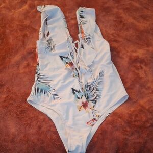 SHEIN Floral Print One Piece Swimsuit - White and Blue